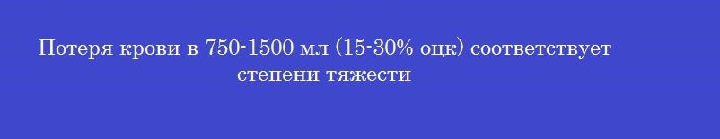 Потеря крови в 750-1500 мл (15-30% оцк) соответствует степени тяжести